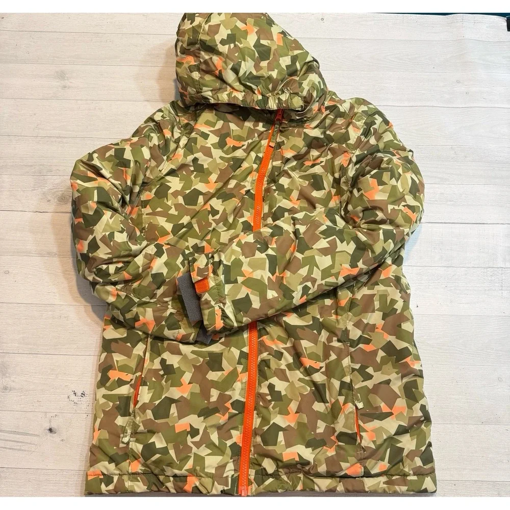 Lands' End kids insulated snow jacket and and snow bibs green orange geo XL14/16